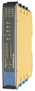 A black and yellow industrial input module with various indicators and labels, including "TURCK" and "IMX18-DI".